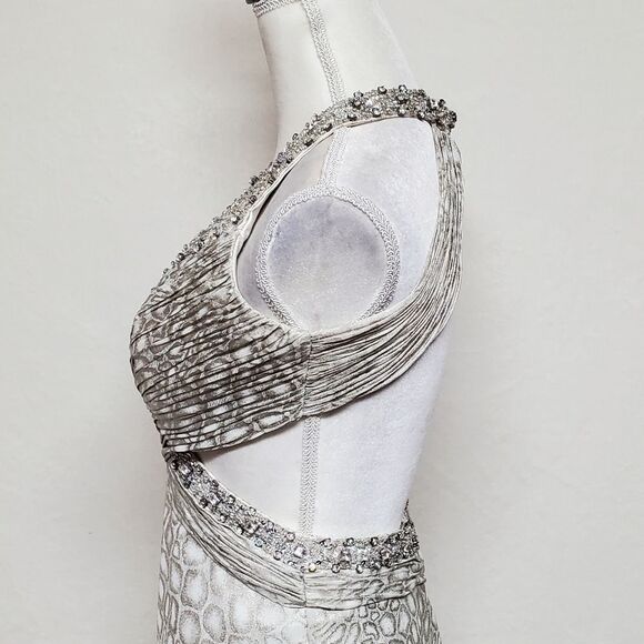 SATIN Snakeskin Silver Sequin Beaded Backless Side Slit Racerback Maxi Dress XS - Picture 10 of 16